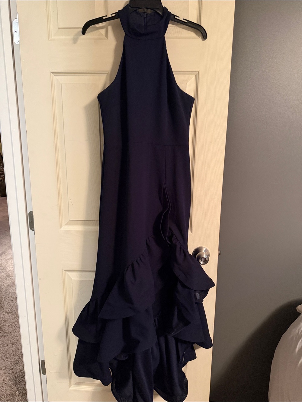 Laura  Navy High-Neck Ruffled High-Low Dress - Picture 2 of 6